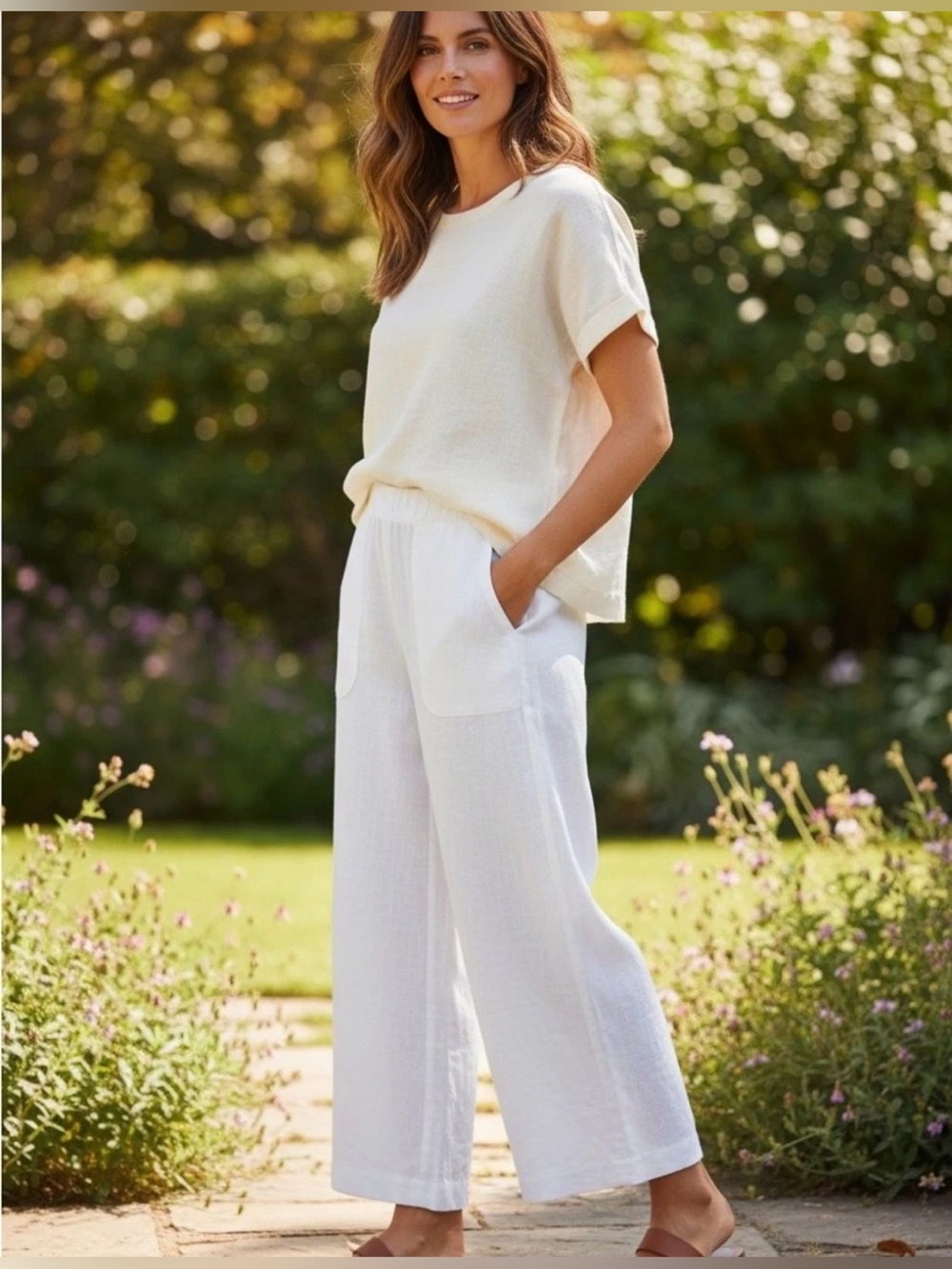 Tahari White 100% Linen Elastic Waist Wide Leg Pants Pockets Coastal Grandma M